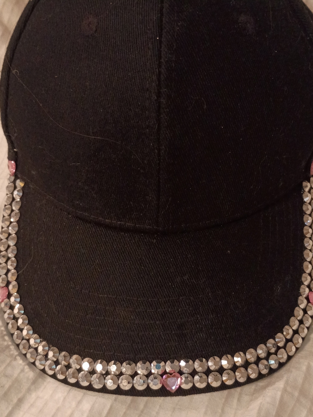 Black Rhinestone-Trim Baseball Cap with Pink Heart Accent